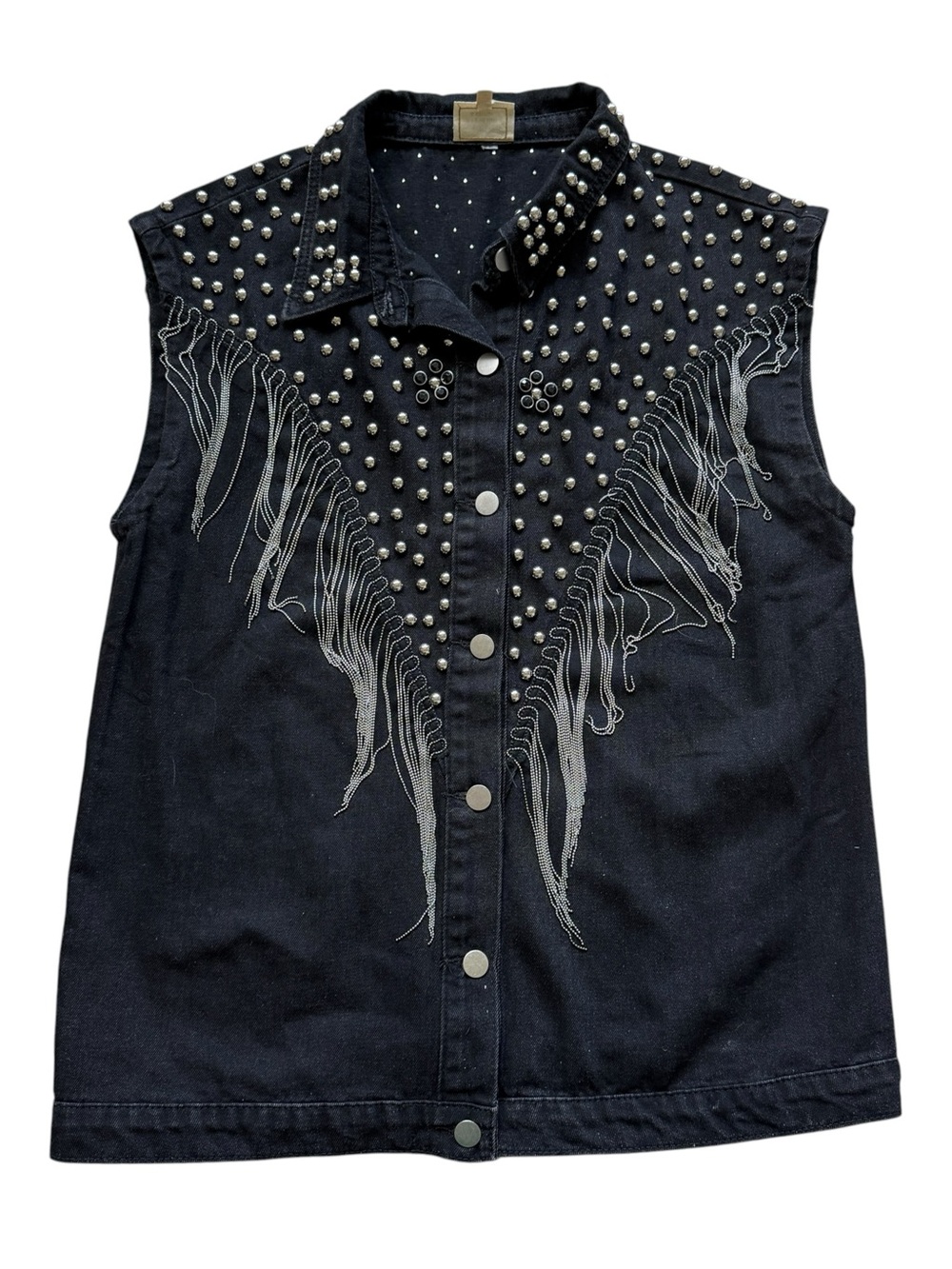 Sterling & Stitch M Black Studded Fringe Denim Vest Western Cowgirl Rodeo Y2K